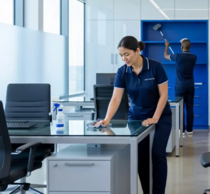 Professional cleaning team maintaining a modern UK office
