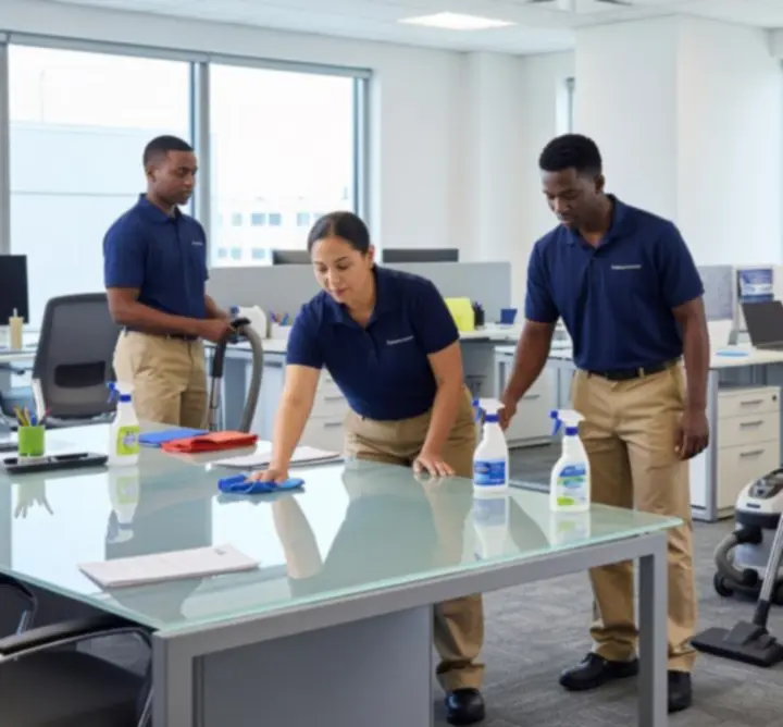Professional cleaning team working together in a modern office